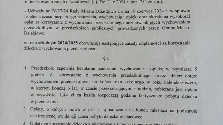 Zarządzenie dot. wysokości opłat za korzystanie z wych. przedszkolnego